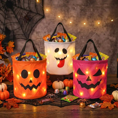 3/4 Pcs Halloween Candy Bucket with LED Lights, 13.39x8.66 Inch Trick or Treat Bags Non Woven Gift Bags Pumpkin Candy Bags Reusable Tote Bags for Kids Students Adults, Night Light Bags for Garden Lawn Decorations, Halloween Christmas Party Favor Supplies