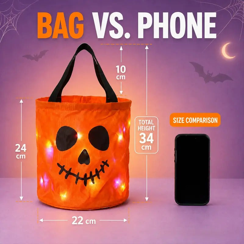 3/4 Pcs Halloween Candy Bucket with LED Lights, 13.39x8.66 Inch Trick or Treat Bags Non Woven Gift Bags Pumpkin Candy Bags Reusable Tote Bags for Kids Students Adults, Night Light Bags for Garden Lawn Decorations, Halloween Christmas Party Favor Supplies
