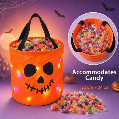 3/4 Pcs Halloween Candy Bucket with LED Lights, 13.39x8.66 Inch Trick or Treat Bags Non Woven Gift Bags Pumpkin Candy Bags Reusable Tote Bags for Kids Students Adults, Night Light Bags for Garden Lawn Decorations, Halloween Christmas Party Favor Supplies