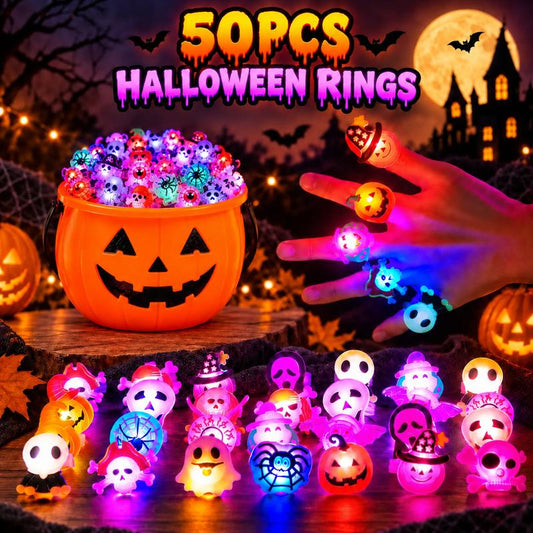 50pcs Glow Flashing LED Halloween Rings with LED Lights, Child Festive Party Favors, Halloween Goody Bag Basket Stuffers Fillers